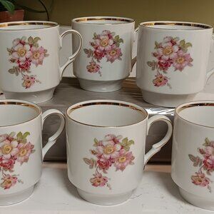 6 - Vintage Schumann Bavaria Briar Rose Floral Design Tea / Coffee Mugs